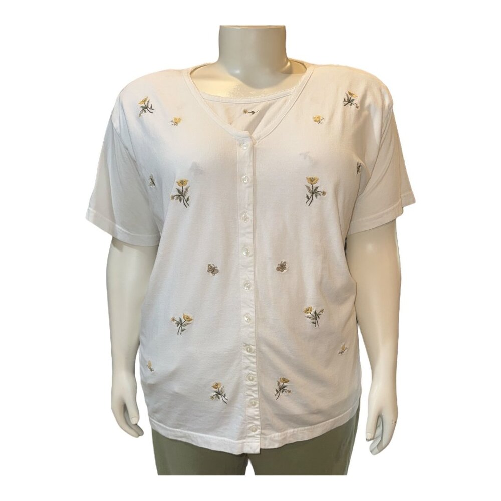 Victoria Jones White Flowers & Butterflies Layered Button Top Women's Size 3X